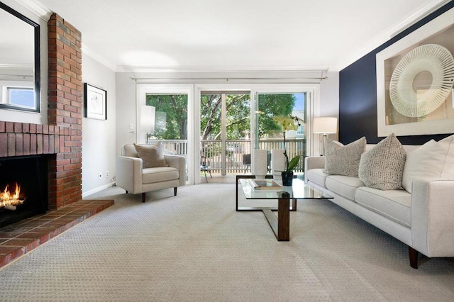 carpeted living room with ornamental molding and a fireplace