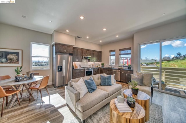 living room featuring sink and light hardwood / wood-style floors