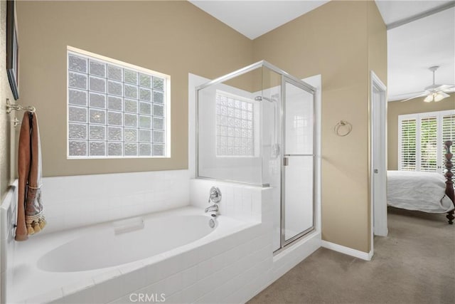 ensuite bathroom with a garden tub, a ceiling fan, a stall shower, connected bathroom, and baseboards