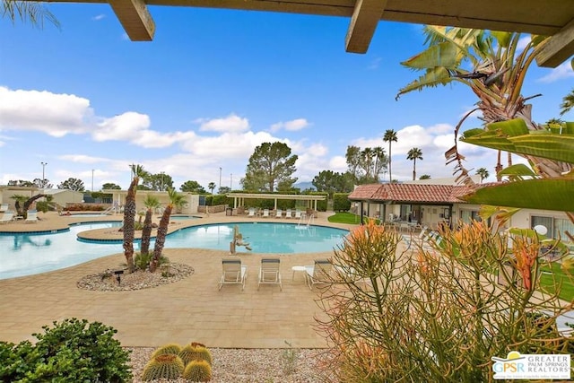 view of swimming pool featuring a patio area