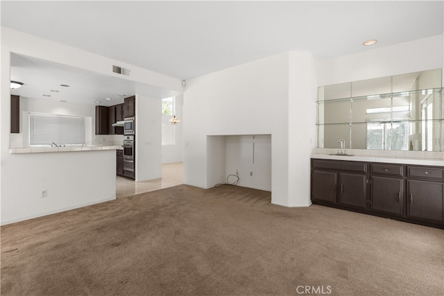 unfurnished living room with light carpet and sink