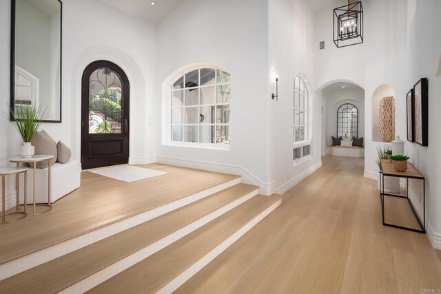 entrance foyer with a towering ceiling and light hardwood / wood-style flooring