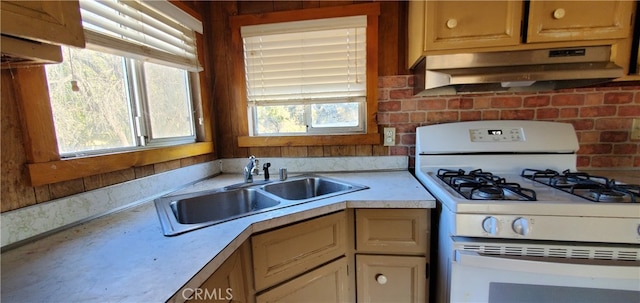 kitchen with white gas range and sink