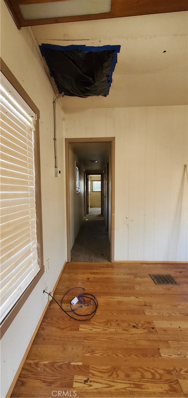 hall with hardwood / wood-style flooring, wooden walls, and a wealth of natural light