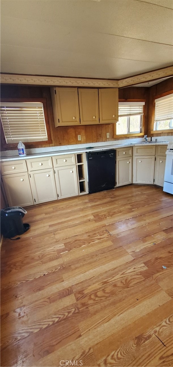 kitchen featuring black dishwasher, sink, light hardwood / wood-style floors, and white stove