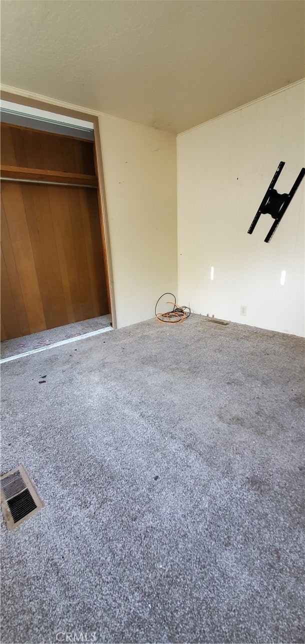 unfurnished bedroom featuring carpet floors, a closet, and wood walls