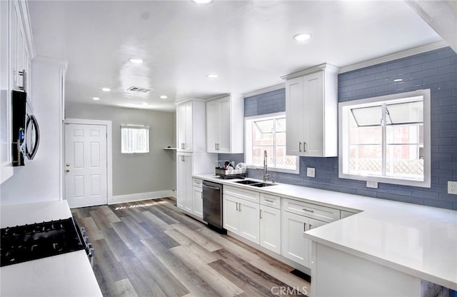 kitchen with white cabinetry, tasteful backsplash, stainless steel appliances, hardwood / wood-style floors, and sink