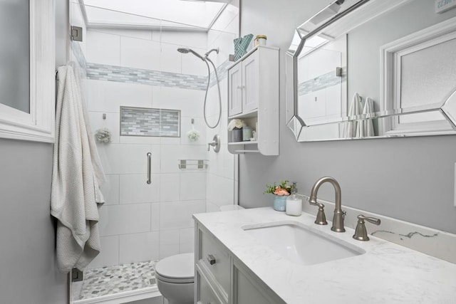 bathroom featuring toilet, vanity, and walk in shower