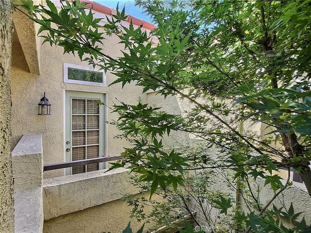 doorway to property with stucco siding