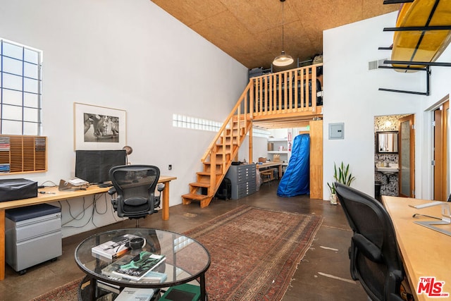 home office with a high ceiling