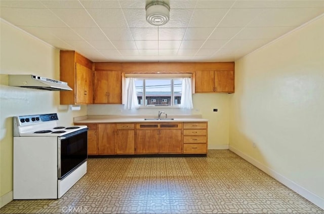 kitchen featuring white electric range and sink