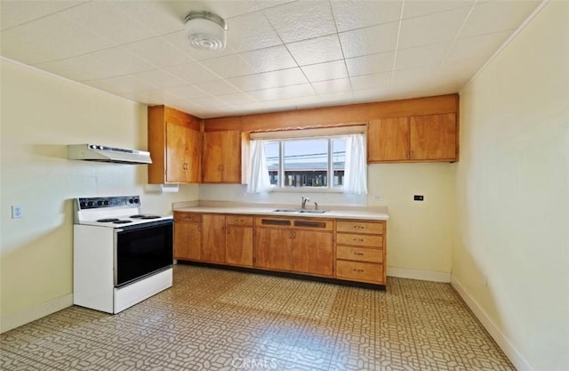 kitchen with sink and white range with electric stovetop