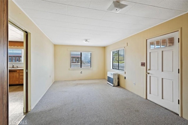 carpeted spare room featuring heating unit and a wealth of natural light