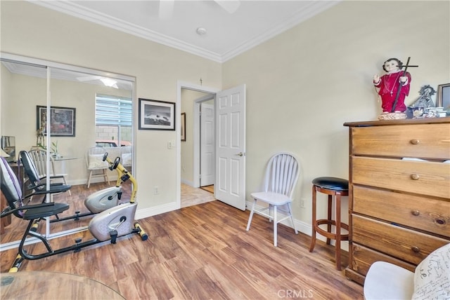 living area featuring crown molding and wood-type flooring