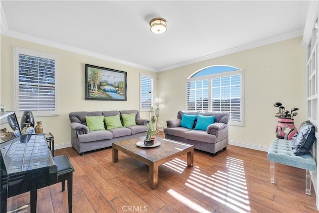 living room featuring crown molding and light hardwood / wood-style flooring