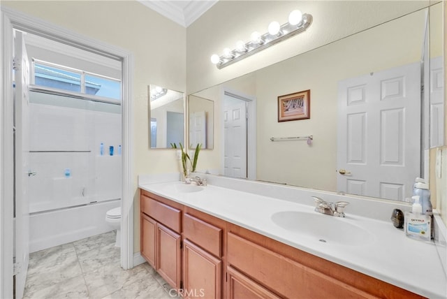 full bathroom with washtub / shower combination, vanity, toilet, and ornamental molding