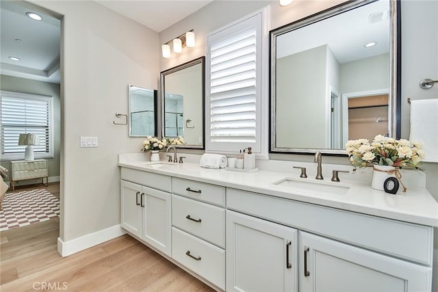 bathroom featuring double vanity, wood finished floors, a sink, and baseboards