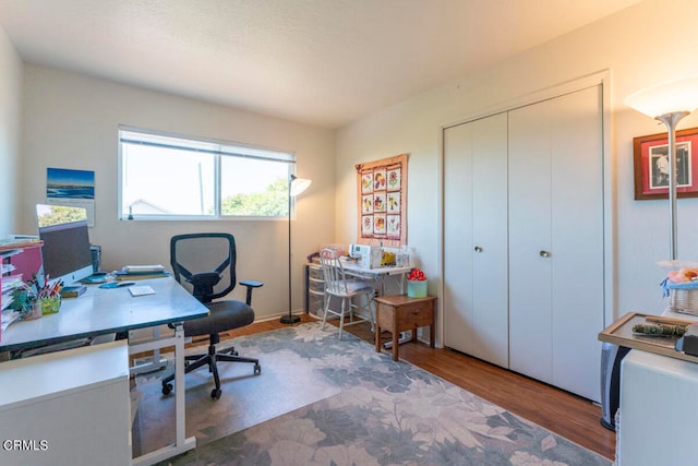 home office with hardwood / wood-style flooring