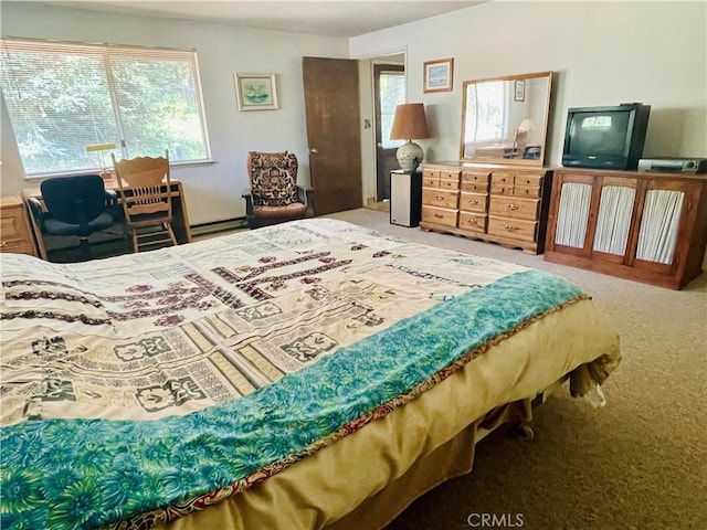 carpeted bedroom featuring a baseboard radiator