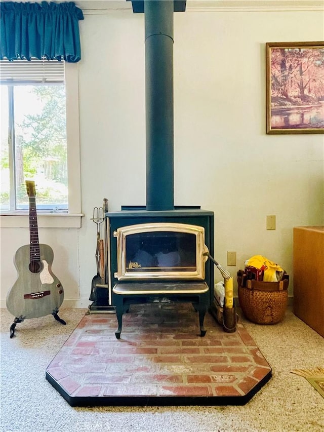 interior details with carpet and a wood stove