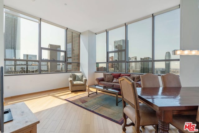 living room featuring a wall of windows, light hardwood / wood-style flooring, and a healthy amount of sunlight