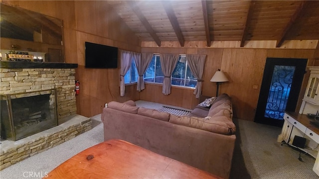 carpeted living room featuring vaulted ceiling with beams, wooden ceiling, and wooden walls