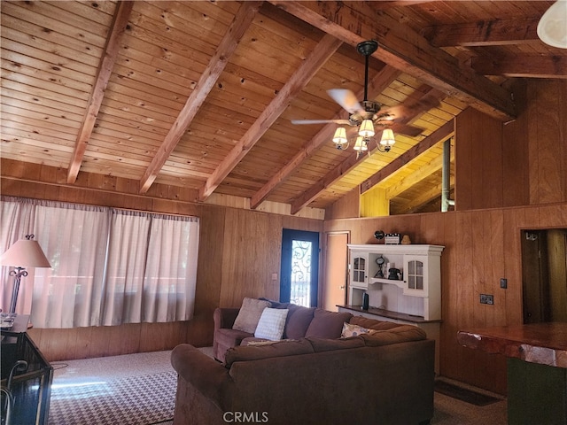 living room with beam ceiling, wooden ceiling, ceiling fan, and wooden walls