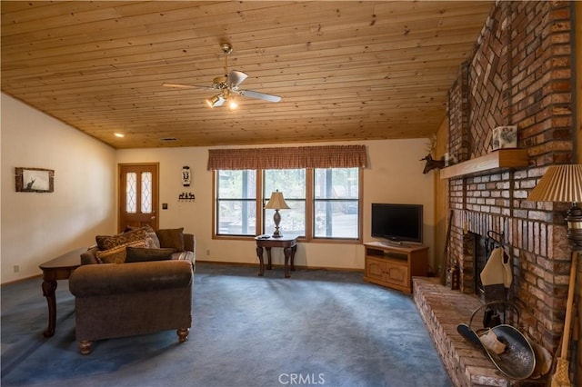 carpeted living room with ceiling fan, wood ceiling, a fireplace, and vaulted ceiling