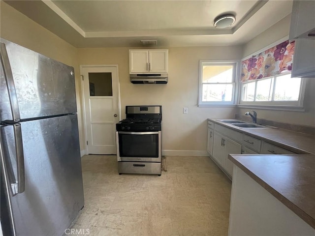 kitchen with a raised ceiling, white cabinetry, appliances with stainless steel finishes, and sink