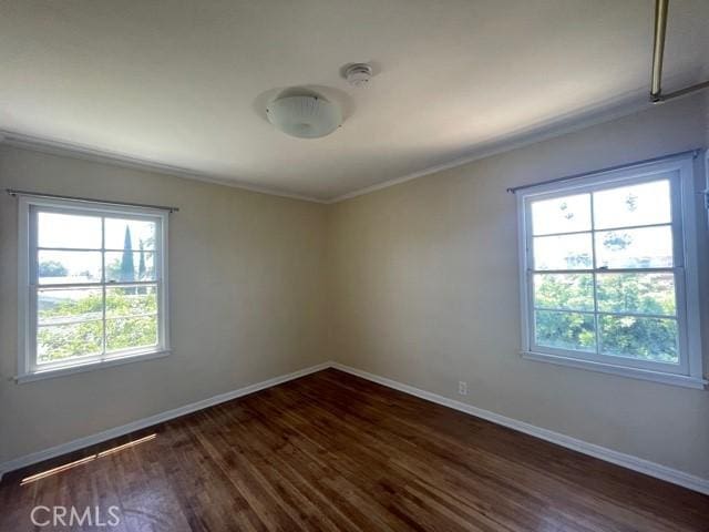 spare room featuring ornamental molding, a healthy amount of sunlight, and dark hardwood / wood-style floors