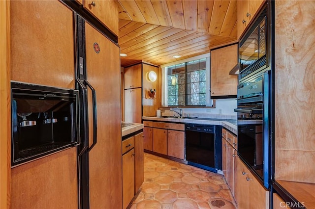 kitchen with sink, lofted ceiling, black appliances, light tile patterned floors, and wood ceiling