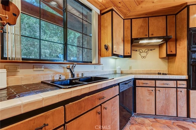 kitchen with sink, tile countertops, wood ceiling, and black appliances