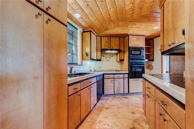 kitchen with black appliances, sink, light tile patterned floors, tile counters, and wood ceiling