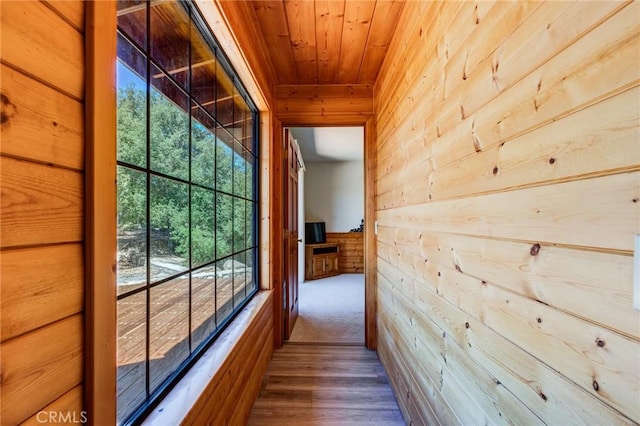 hallway featuring hardwood / wood-style floors, wood walls, and wood ceiling