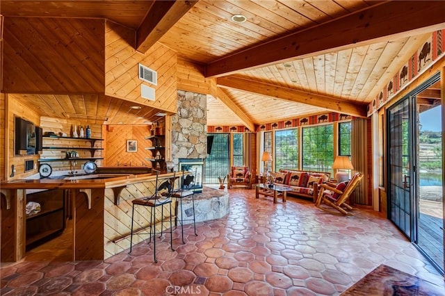 interior space with a stone fireplace, wooden walls, and a healthy amount of sunlight