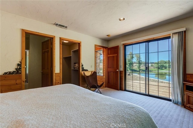 carpeted bedroom with a walk in closet and a water view