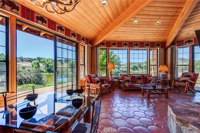 sunroom / solarium featuring lofted ceiling with beams and wood ceiling