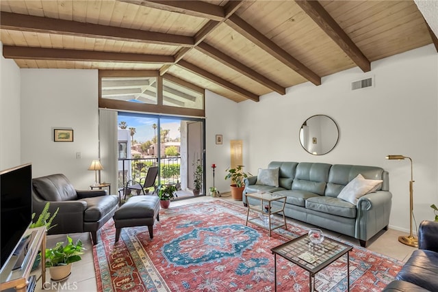 tiled living room with high vaulted ceiling, wooden ceiling, and beam ceiling