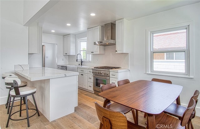 kitchen featuring white cabinets, wall chimney range hood, high end stove, light hardwood / wood-style floors, and kitchen peninsula