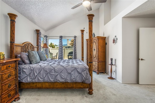 bedroom featuring a textured ceiling, ceiling fan, and light carpet