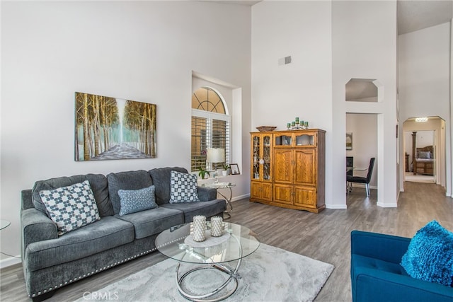 living room featuring a high ceiling and hardwood / wood-style flooring