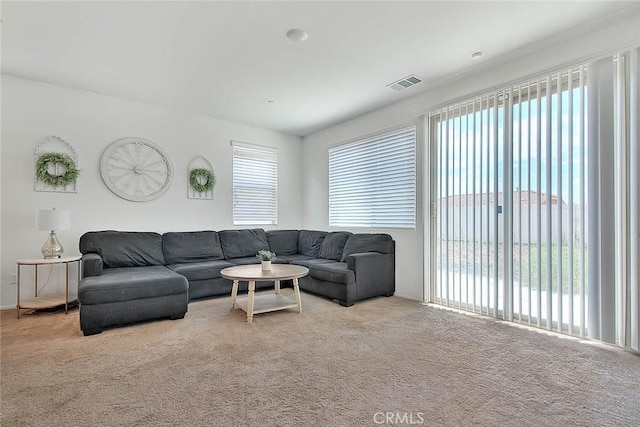 living room featuring light carpet