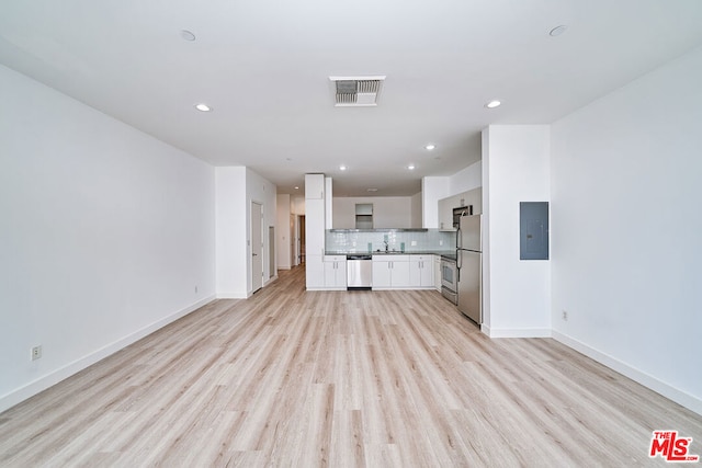 unfurnished living room with light hardwood / wood-style floors and electric panel