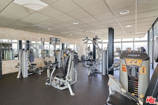 exercise room featuring a drop ceiling and a healthy amount of sunlight