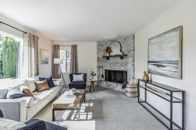 living room with light carpet and a fireplace