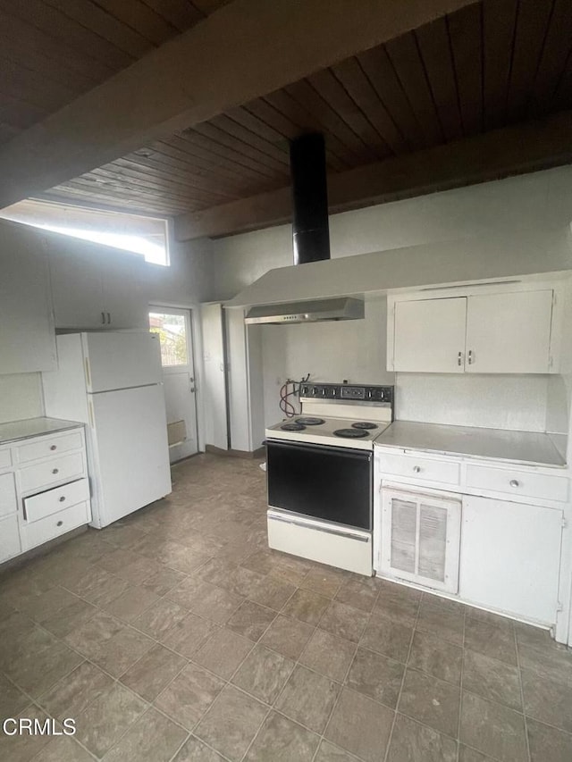 kitchen featuring beam ceiling, white cabinetry, wooden ceiling, range hood, and white appliances