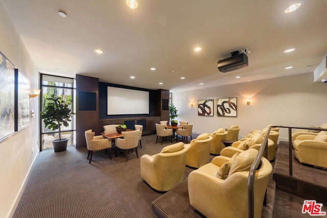 home theater featuring dark colored carpet