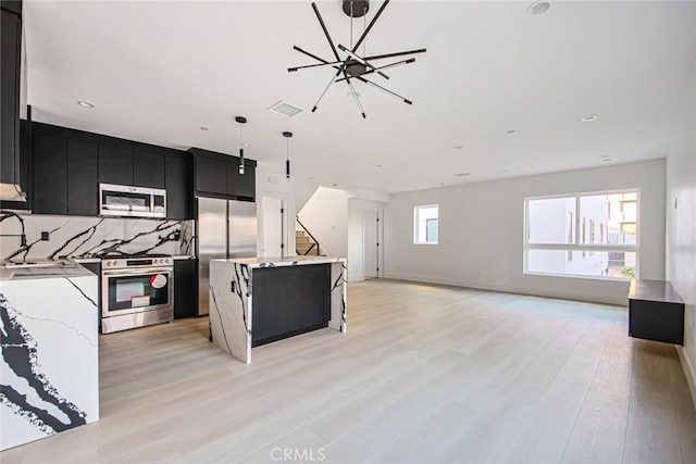 kitchen with pendant lighting, tasteful backsplash, a center island, stainless steel appliances, and light wood-type flooring