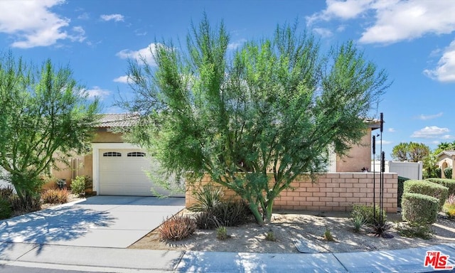 view of property hidden behind natural elements with a garage