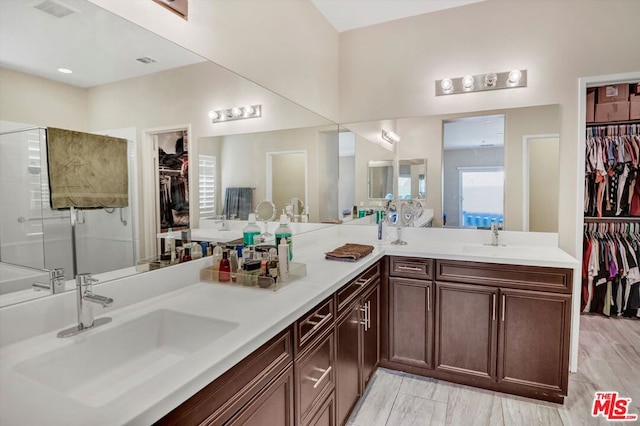 bathroom featuring a shower with door, vanity, and a healthy amount of sunlight